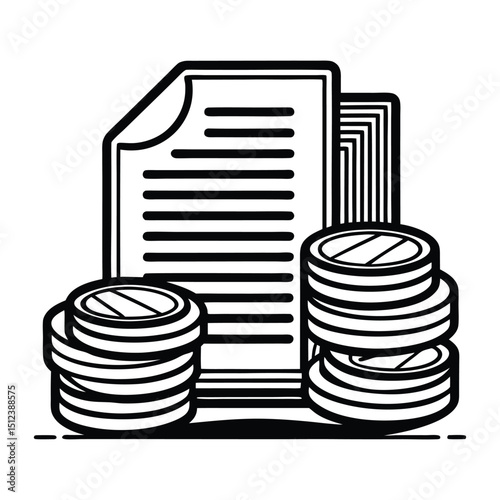 Black and white line art illustration of a document and coin stack