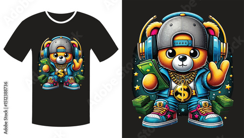 Streetwise Teddy: A Vibrant Cartoon Illustration of a Hip-Hop Bear T Shirtr