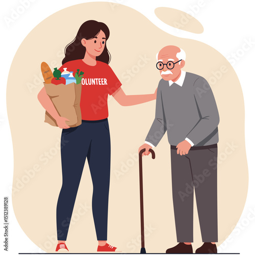 Flat Vector Of Volunteer Helps Senior Man with Groceries