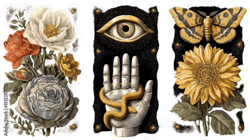 Vintage style dark nature collage featuring flowers, an eye, a hand holding a snake, a moth, and a sunflower, accented with golden stars for a mystical atmosphere