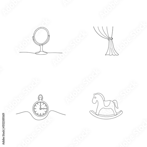 Simple line art illustrations of mirror curtain pocket watch and rocking horse on white background