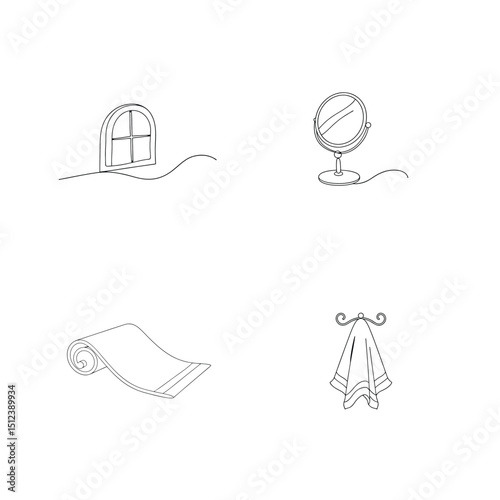 Minimalist bathroom elements in continuous line art featuring window mirror towel and holder