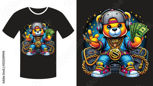 Streetwise Teddy: A Vibrant Cartoon Illustration of a Hip-Hop Bear T Shirtr