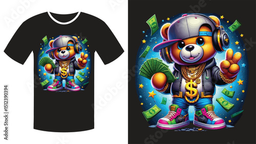 Streetwise Teddy: A Vibrant Cartoon Illustration of a Hip-Hop Bear T Shirtr