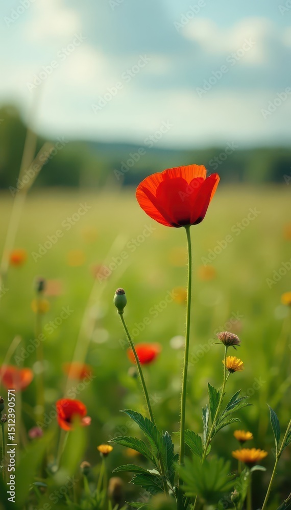 Obraz premium A solitary poppy stands alone in a Normandy meadow with tall grasses and wildflowers , nature, rural scene, isolated flower