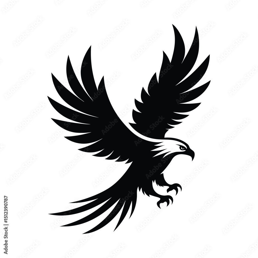 Fototapeta premium Bold eagle vector soaring with wings wide open in silhouette style. Great for national emblems, wildlife illustrations, and strong animal logos or tattoo design templates.