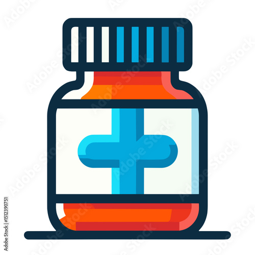 Colorful pill bottle vector icon with a cross symbol on transparent background for emergency medical concept
