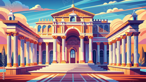 A majestic architectural masterpiece with grand columns, detailed facades, and elegant arches. The structure stands tall under sunlight, showcasing historic charm, symmetry, and timeless design in urb