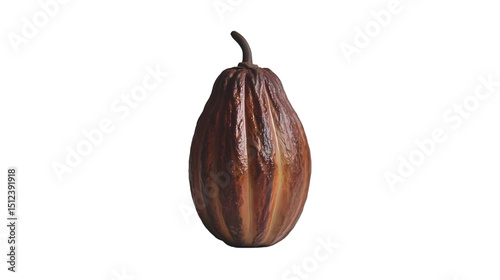 Isolated cocoa pod with stem on black background showing its brown and yellow textured skin details isolated on transparent background photo