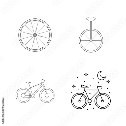 Vector illustration of bicycle wheel unicycle bike and nighttime bicycle scene in minimalist style