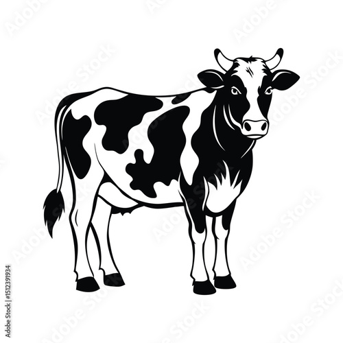 Farm cow vector in high-detail black and white style. Suitable for dairy product packaging, rural illustrations, livestock branding, and agricultural projects. Standing bovine animal.