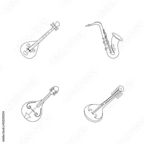 Outline illustrations of musical instruments including mandolin saxophone and sitar on white background