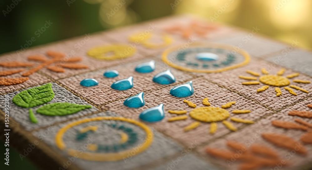 Naklejka premium Water Droplets on Embroidered Surface with Leaf and Sun Designs