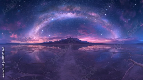 Crystallized salt flats mirroring Milky Way core, gypsum flowers growing toward gamma-ray burst azimuth, long-exposure geology effect, electric violet veins in cracked crust
