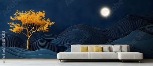 Gold Tree In Dark Blue Mountains Landscape Decor