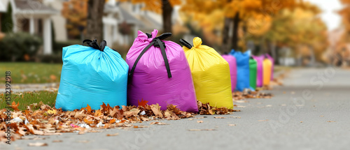 Colorful Garbage Bags Line Autumn Street