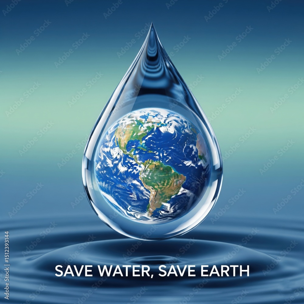 Obraz premium Water droplet with Earth reflection poster | quote “Save Water, Save Earth” | world environment day | environment day poster | world environment day theme quotes