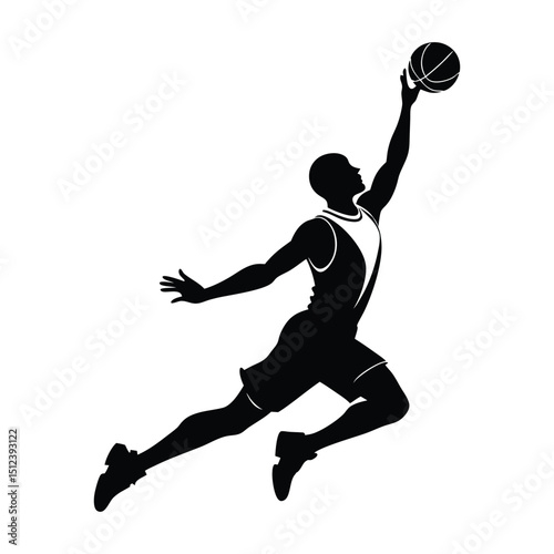 Vector silhouette of basketball player in mid-air jump shot pose, sports illustration for athletic design, game motion art, and basketball-themed graphics