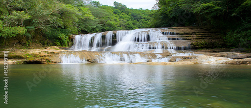 Multitiered Waterfall Cascading Into Pool Amidst Lush Green Forest