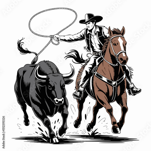 Cowboy Lassoing Bull – Black and White Wild West Rodeo Vector Illustration