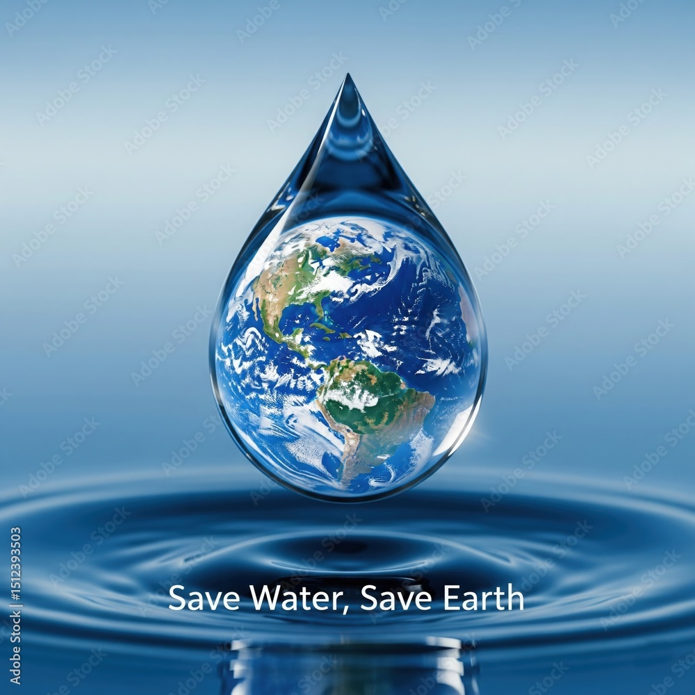 Fototapeta premium Water droplet with Earth reflection poster | quote “Save Water, Save Earth” | world environment day | environment day poster | world environment day theme quotes