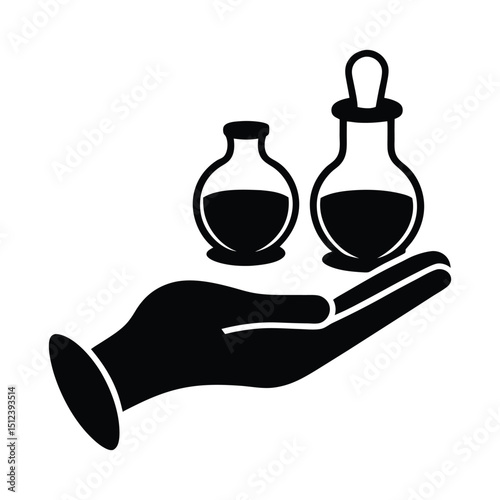 Silhouette of a cupping therapy set with glass cups and a hand holding one on white background