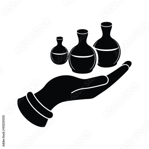 Silhouette of a cupping therapy set with glass cups and a hand holding one on white background
