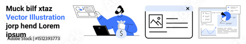 Person examining charts and financial documents, holding money bag. Includes website interface and online reports. Ideal for business, finance, analysis, technology, consulting, education and simple