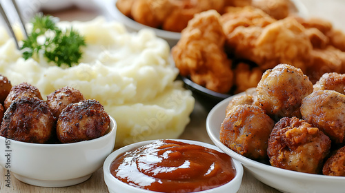 Assorted Fried Food Dishes Served with Mashed Potatoes