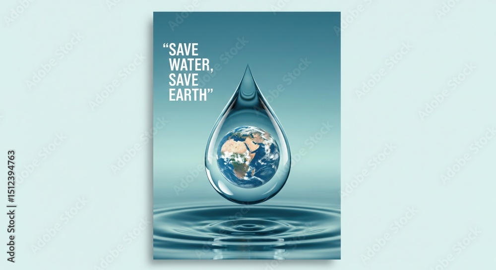 Fototapeta premium Water droplet with Earth reflection poster | quote “Save Water, Save Earth” | world environment day | environment day poster | world environment day theme quotes