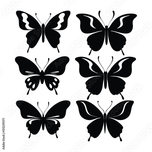 Butterfly vector silhouettes arranged in grid format with symmetrical designs for spring art, nature patterns, flying insect graphics, and elegant decorative illustrations