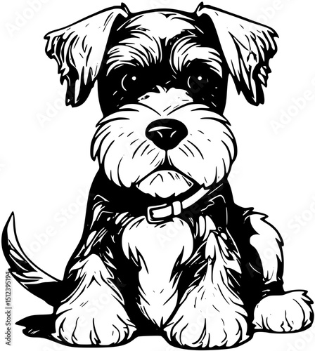 Vector art of Adorable schnauzer dog sitting isolated on white background in black and white vector art