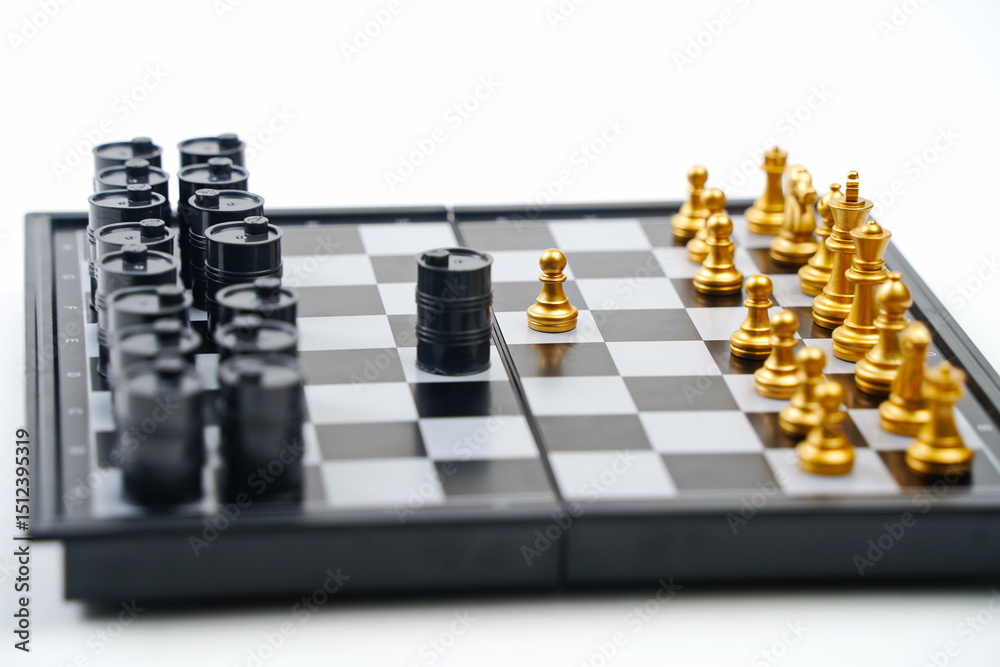 A chessboard with pieces and oil barrels. A chessboard with pieces and oil barrels.