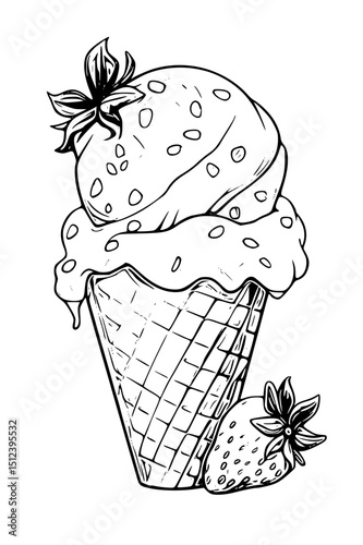 Vector art of Strawberry ice cream cone isolated on white background, delicious summer dessert treat