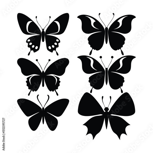 Decorative butterfly silhouettes in various symmetrical styles, arranged in a grid for springtime vector designs, nature-themed illustrations, and insect decorations