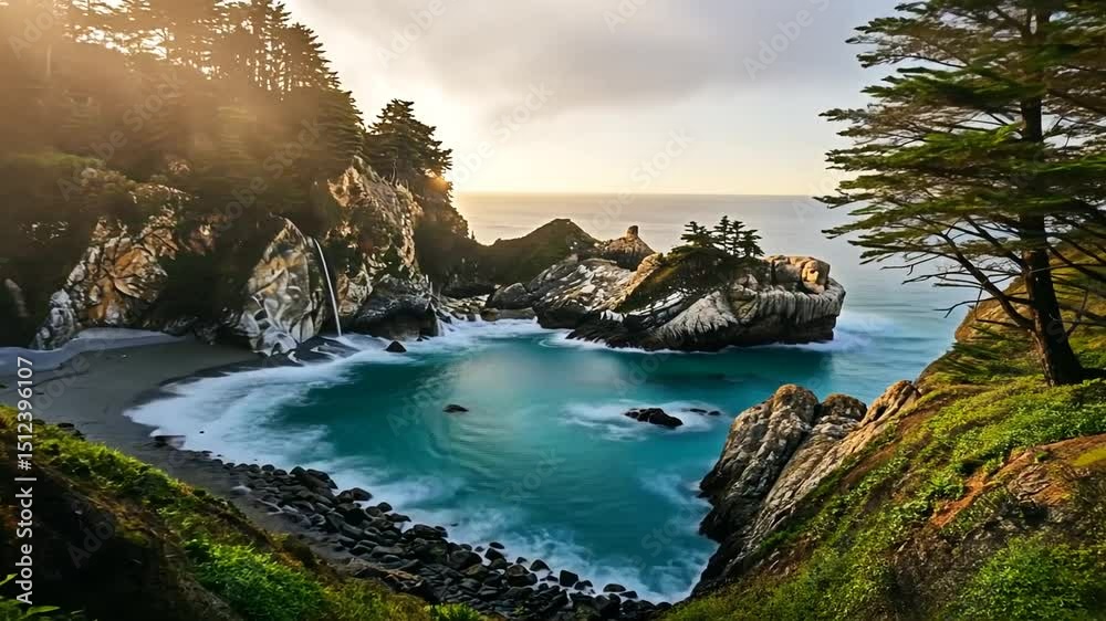 Coastal Sunset Over Turquoise Waters and Rocky Cliffs