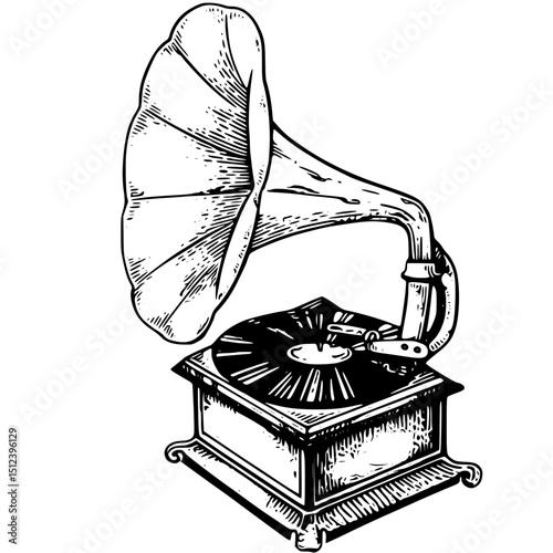 Vector art of Antique gramophone phonograph isolated on white background, vintage music record player