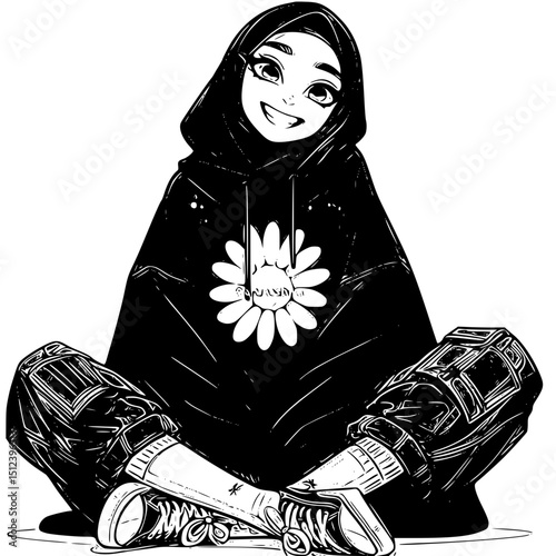 Vector art of Smiling muslim girl in hijab and hoodie sitting cross legged isolated on white background