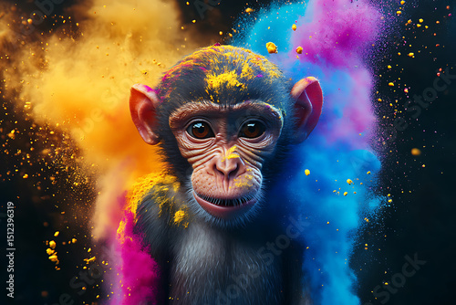 A vibrant young monkey surrounded by colorful powder bursts, showcasing a playful and lively atmosphere