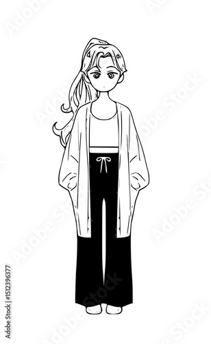 Vector art of Full length cartoon of a stylish young woman with a ponytail isolated on white background