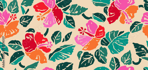 Exotic hand drawn tropical flowers print, seamless summer floral pattern for fabric, textiles, clothing, packaging, cover, banner, home decor, hawaiian backgrounds. Vector illustration.