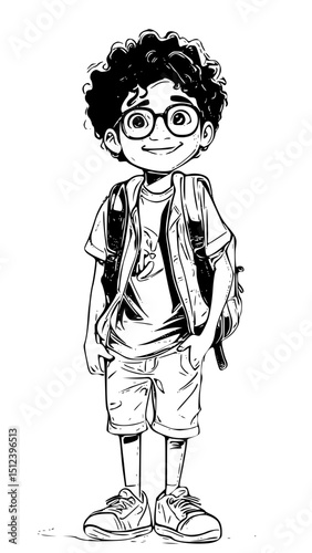 Vector art of Smiling schoolboy with backpack and glasses isolated on white background