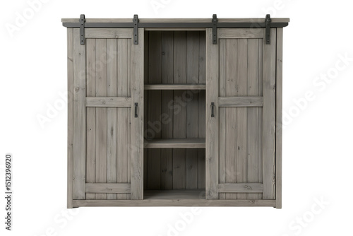 Charming gray wood cabinet with barn-style sliding doors. Perfect for farmhouse interiors. Offers versatile shelf storage. 