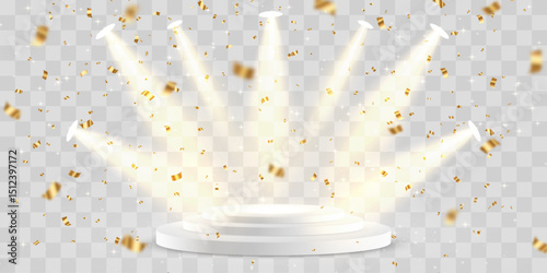 Vector 3d podium with spotlights png. Scene spotlight beams, studio lighting. Empty stage or pedestal. Podium for award ceremony, product presentation. Bright lighting with spotlights.
