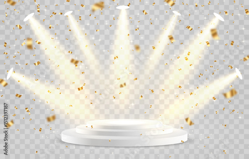 Vector 3d podium with spotlights png. Scene spotlight beams, studio lighting. Empty stage or pedestal. Podium for award ceremony, product presentation. Bright lighting with spotlights.