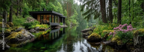 Remote Finnish lakeside cabin harmonizes with lush forest and blooming wildflowers