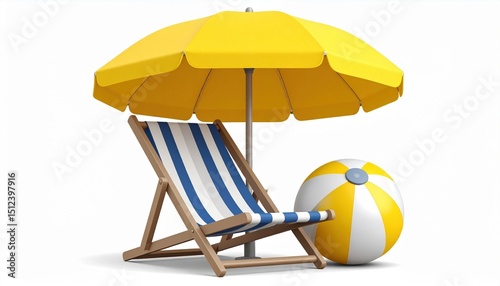 Relaxing Summer Scene Beach Chair Under Yellow Umbrella with Beach Ball