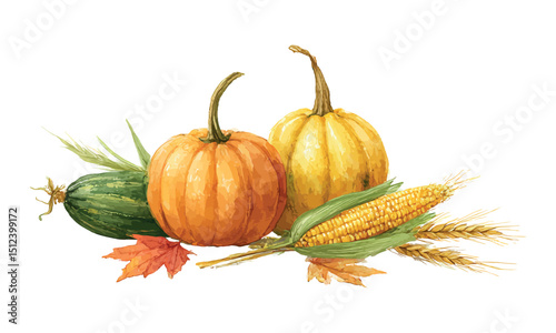 Autumn harvest of pumpkins, corn, and wheat isolated on white background