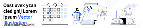 Calendar for scheduling, person using map for navigation, truck near factory, and tablet with eco-focus. Ideal for logistics, planning, sustainability, technology, travel business simple landing