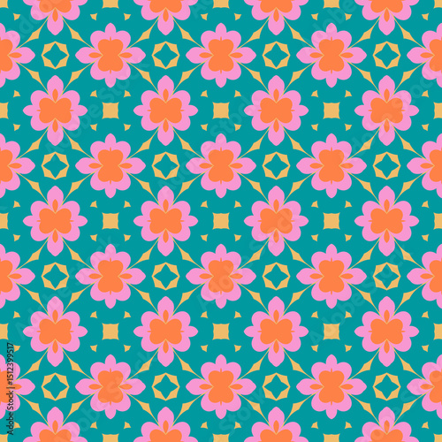 Symmetrical Floral Pattern in Coral and Pink on a Teal Green Background
